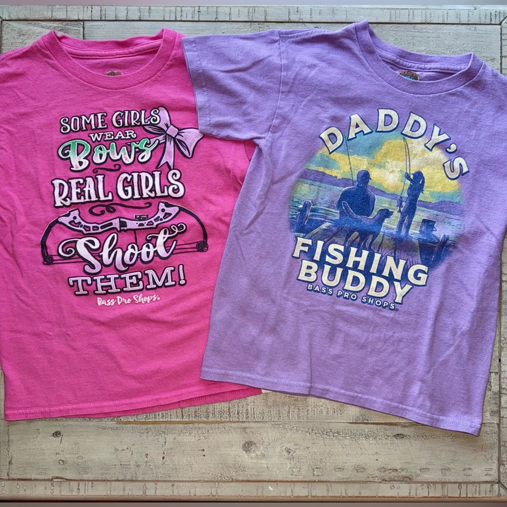 Bass Pro Shops bundle of 2 toddler girl SS T shirts fishing & bows size SM 4/5yr